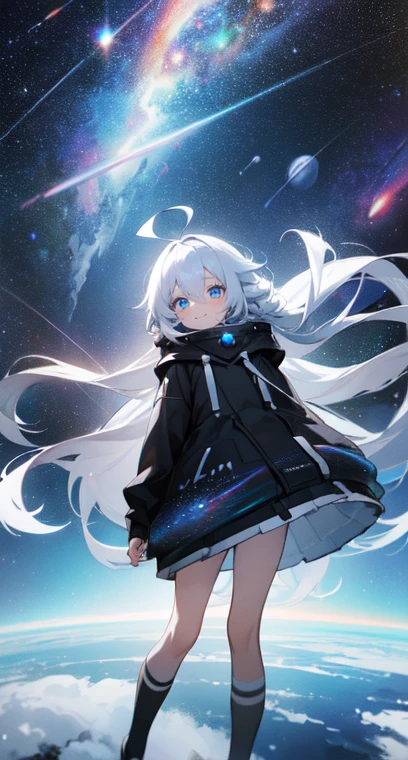 (Shiny skin), black hoodie, White Skirt, Straight hair, Princess Hairstyles, Ahoge ,White long knee socks,smile,(highest quality, masterpiece), 1 girl, Long Hair, Gray Hair, Starry Sky, Long Hair, (Clear bright blue eyes), Ahoge, idiot girl, Black and white dresses, (space)), low length, Soft Light,