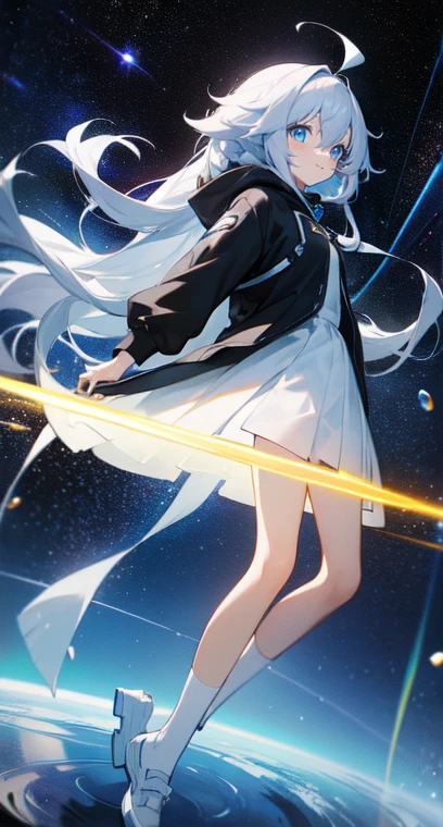  (Shiny skin), black hoodie, White Skirt, Straight hair, Princess Hairstyles, Ahoge ,White long knee socks,smile,(highest quality, masterpiece), 1 girl, Long Hair, Gray Hair, Starry Sky, Long Hair, (Clear bright blue eyes), Ahoge, idiot girl, Black and white dresses, (space)), low length, Soft Light,