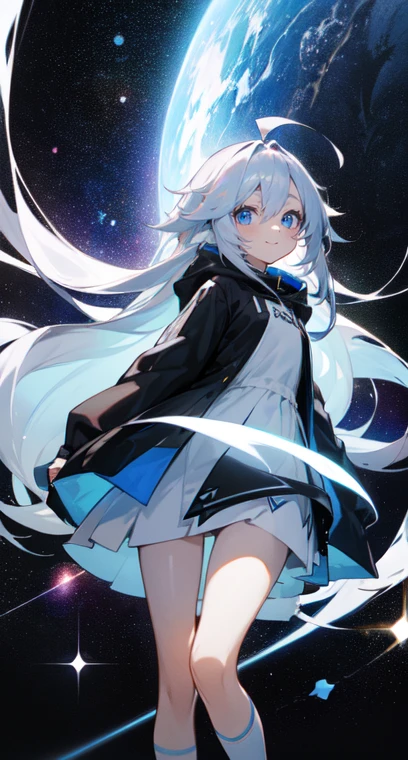 (Shiny skin), black hoodie, White Skirt, Straight hair, Princess Hairstyles, Ahoge ,White long knee socks,smile,(highest quality, masterpiece), 1 girl, Long Hair, Gray Hair, Starry Sky, Long Hair, (Clear bright blue eyes), Ahoge, idiot girl, Black and white dresses, (space)), low length, Soft Light,