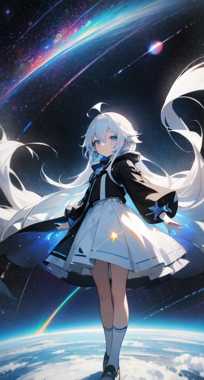  (Shiny skin), black hoodie, White Skirt, Straight hair, Princess Hairstyles, Ahoge ,White long knee socks,smile,(highest quality, masterpiece), 1 girl, Long Hair, Gray Hair, Starry Sky, Long Hair, (Clear bright blue eyes), Ahoge, idiot girl, Black and white dresses, (space)), low length, Soft Light,