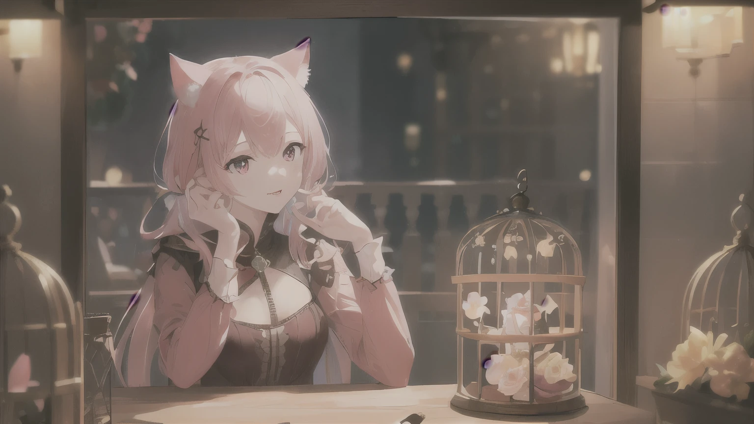 masterpiece, (((highest quality))), ((High resolution)), Ray Tracing, Bokeh, cage, ((in the cage)), vase, One girl, Detailed face, Medium chest, Urgent 1,Pink Hair、 Cat ear