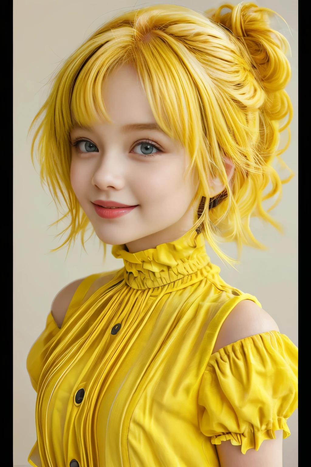 chibi style masterpiece,best quality,bellissima,1girl, solo, half body, yellow hair, cute, adorable, bright colors, cheerful, highly detailed, smile