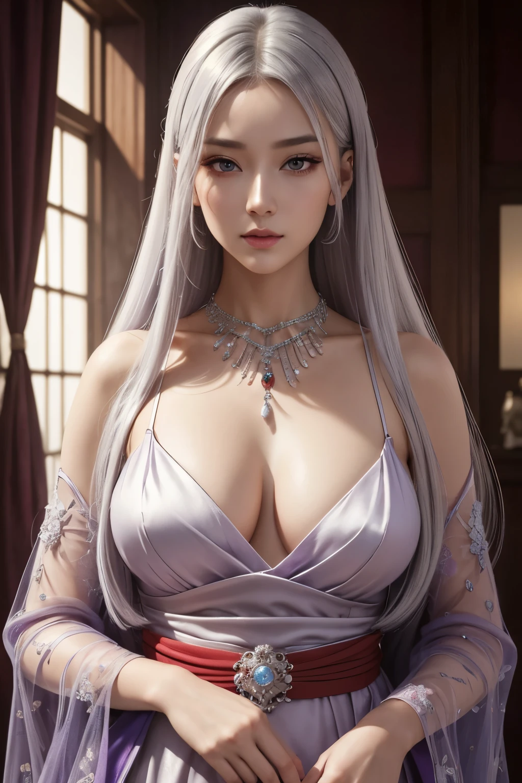 High resolution, masterpiece, mysterious light, ukiyo-e, colorful, long straight hair with silver hair and light purple mesh, beautiful and beautiful hair, mature woman in seamless dress, detailed dress design, elegance, super detail, 8k, realistic Digital art, 32k, ultra-high definition, fantasy artwork, award-winning, highly detailed face, looking at the viewer, ultra-detailed, artistically acclaimed, pale red novelty dress, slit to the waist, neckline Expensive necklaces, detailed eyes, detailed beautiful faces, playful expressions,