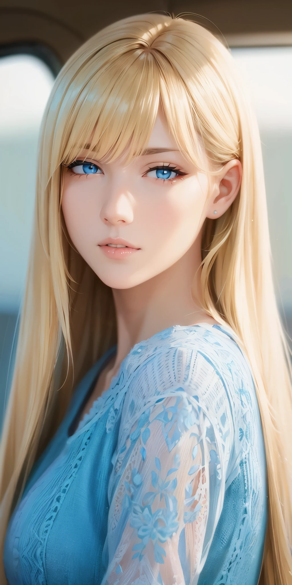 Elegant adult woman, blonde hair, blue eyes, long hair, bangs, camisole, soft light, high quality
