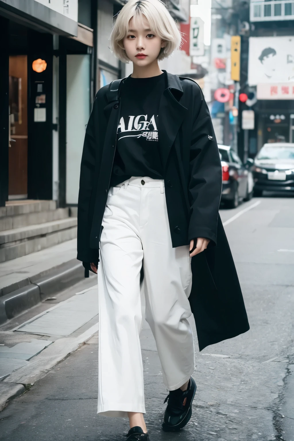 A stunning Korean trendy girl with short white hair and all black casual clothes slowly walks towards the camera, her expression is a mixture of longing and melancholy