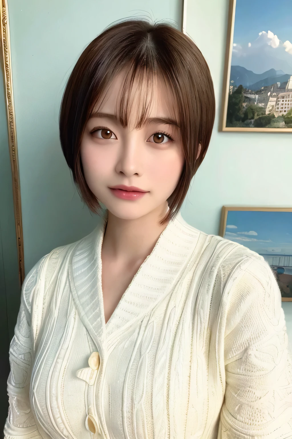 ((highest quality, 8k, masterpiece:1.3)), detailed Woman:1.3, (Medium Short Hair, Big Breasts:1.2), cardigan:1.1, Ultra detailed, detailed, eyelid