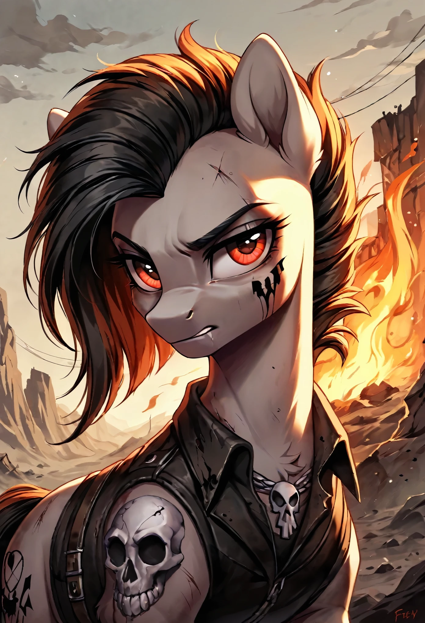 score_9, score_8_up, score_7_up, MLP, black fur, firey hair, red eyes, death, skull tattoo, desolate landscape, fire in the background, post-apocalyptic scene, only one pony, solo scene