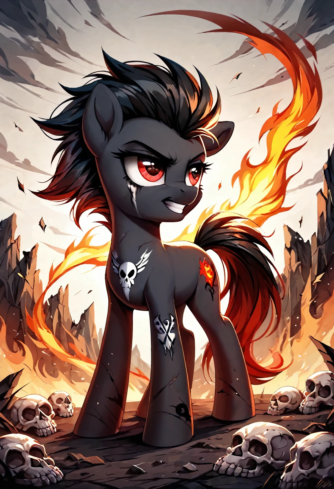 score_9, score_8_up, score_7_up, MLP, black fur, firey hair, red eyes, death, skull tattoo, desolate landscape, fire in the background, post-apocalyptic scene, only one pony, solo scene