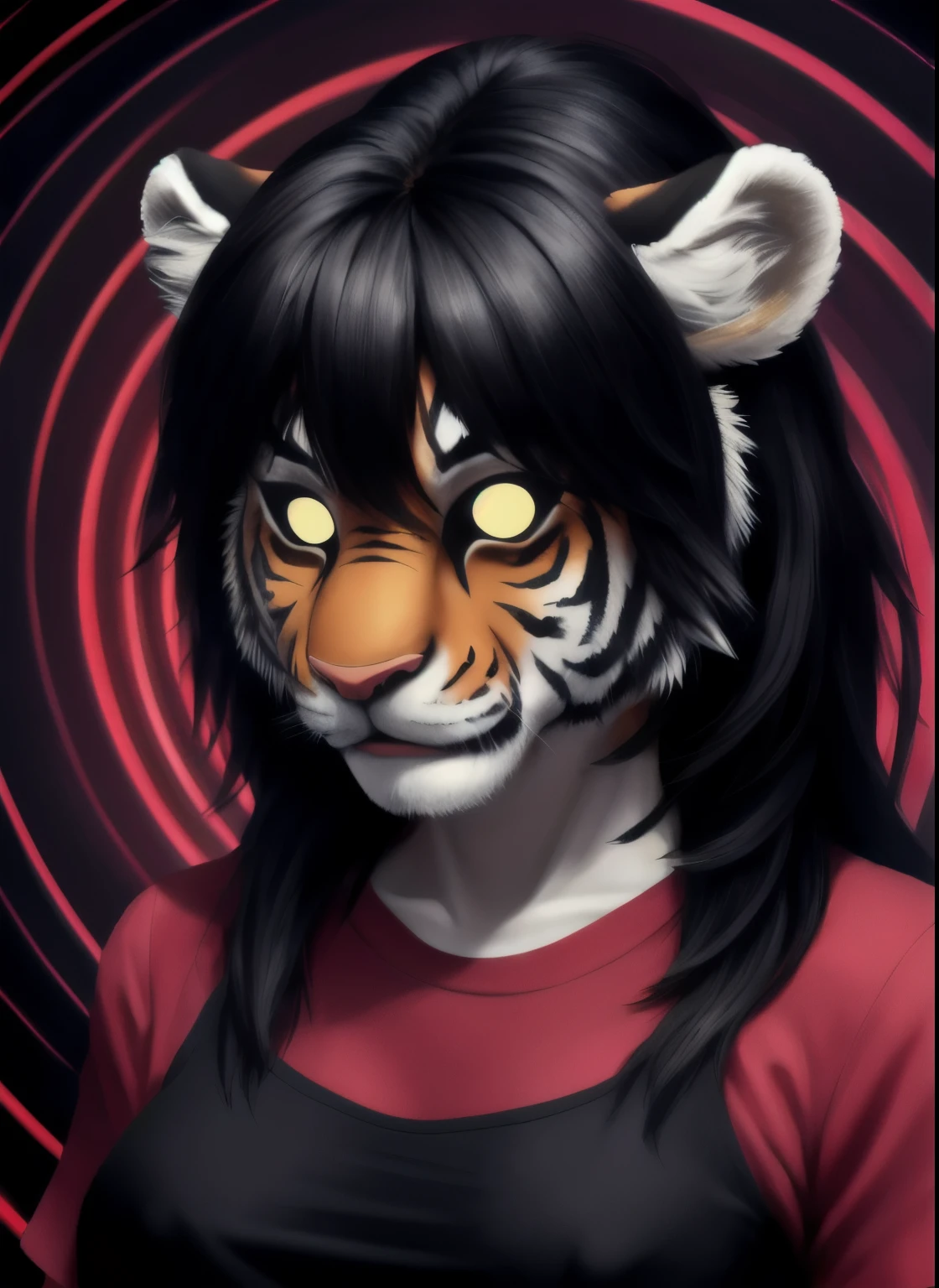 best quality, (masterpiece),(ultra-detailed), (high quality), (high resolution), Tiger girl, black hair, red shirt, empty eyes, hypnotized