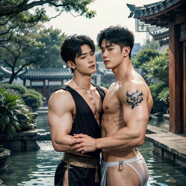 2 Handsome chinese guy kissing, smilling at each other, bare chest , strong sport muscle body, wet body, water drops on the skin, show the abs, 20 years old,hug, cuddle, touching lips, skin ship, romantic,  Asian, chinese hansome actor, kpop idol, handsome male model,manly, master work, best picture quality, higher quality, high detail, super high resolution, 8k resolution, perfect clear sun light,perfect eyes, perfect skin, manly jawline, manly chin, perfect hands, big  chest , full body shoots,muscles,  bare chest, big juicy butts, tattoos chest, tattoo hands, tattoo legs, tattoo back, tattoo arms,earings, ancient pendents,  braceles, glowing eyes, short mess curly hair, hair details, detailed background , open Hanfu transparent (see throught) ,super skiny  chinese loincloth, big bulge, wet cloth, golden and silver detail in cloth, detailed perfect abs, Chinese garden background, detailed background, Chinese kung fu,skinny anciennt chinese costumes, spinning floating particles, chinese temple in background,