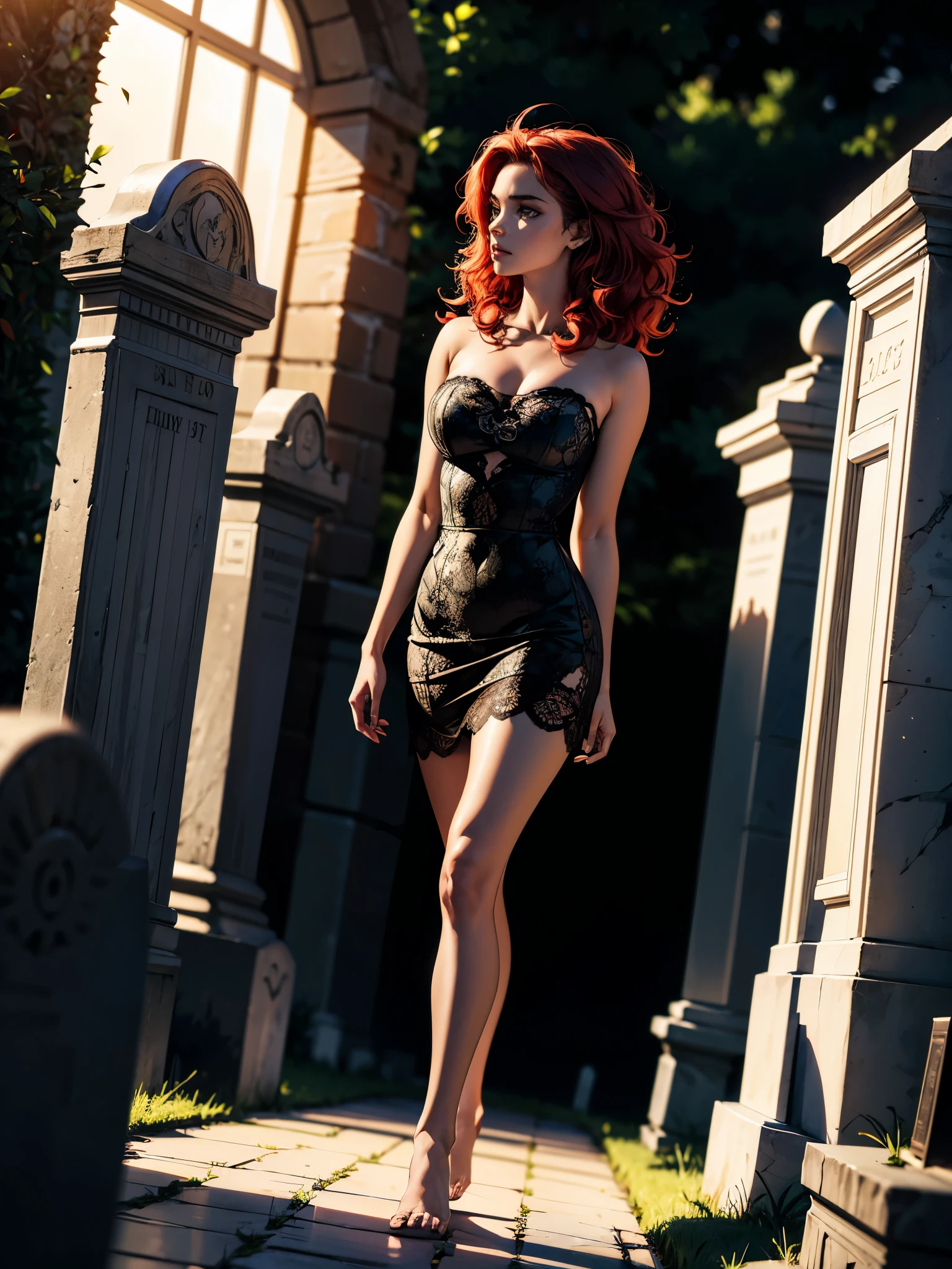 young beautiful woman, 18 year old woman, walking through cemetery at night, sexy body, skinny body, large , long curly hair, red hair, perfect body, perfect face, very big lips, black eyes, dramatic light, low light, light-green dress, lace dress, strapless dress, very short dress, barefoot, she is scared, dramatic composition, something strange and awful happening, (side view), (long distance view)