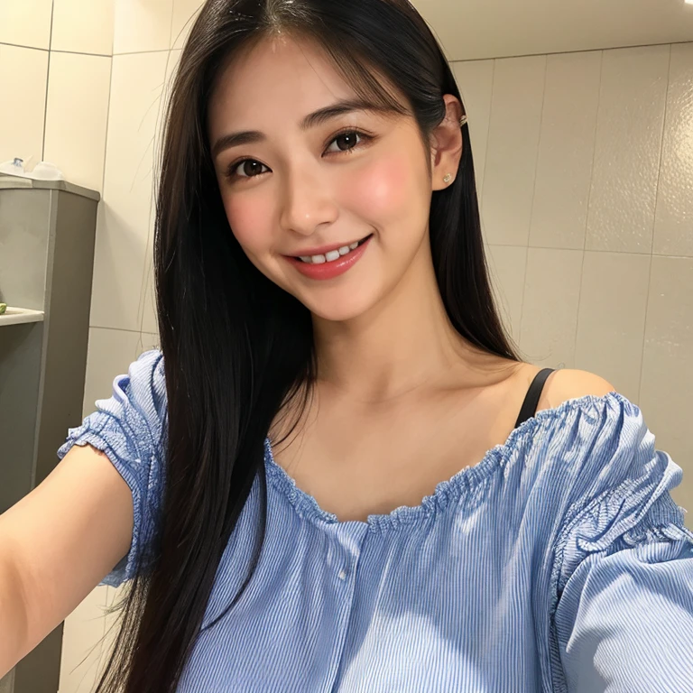 ,(tareme:1.4),huge breasts,(beautiful japanese woman:1.3),pointy nose,straight hair,sweaty,look at viewer,off-the -shoulder,blouse,shiny skin,cleavage,fellatio gesture,smile,at restroom stall,27 years old