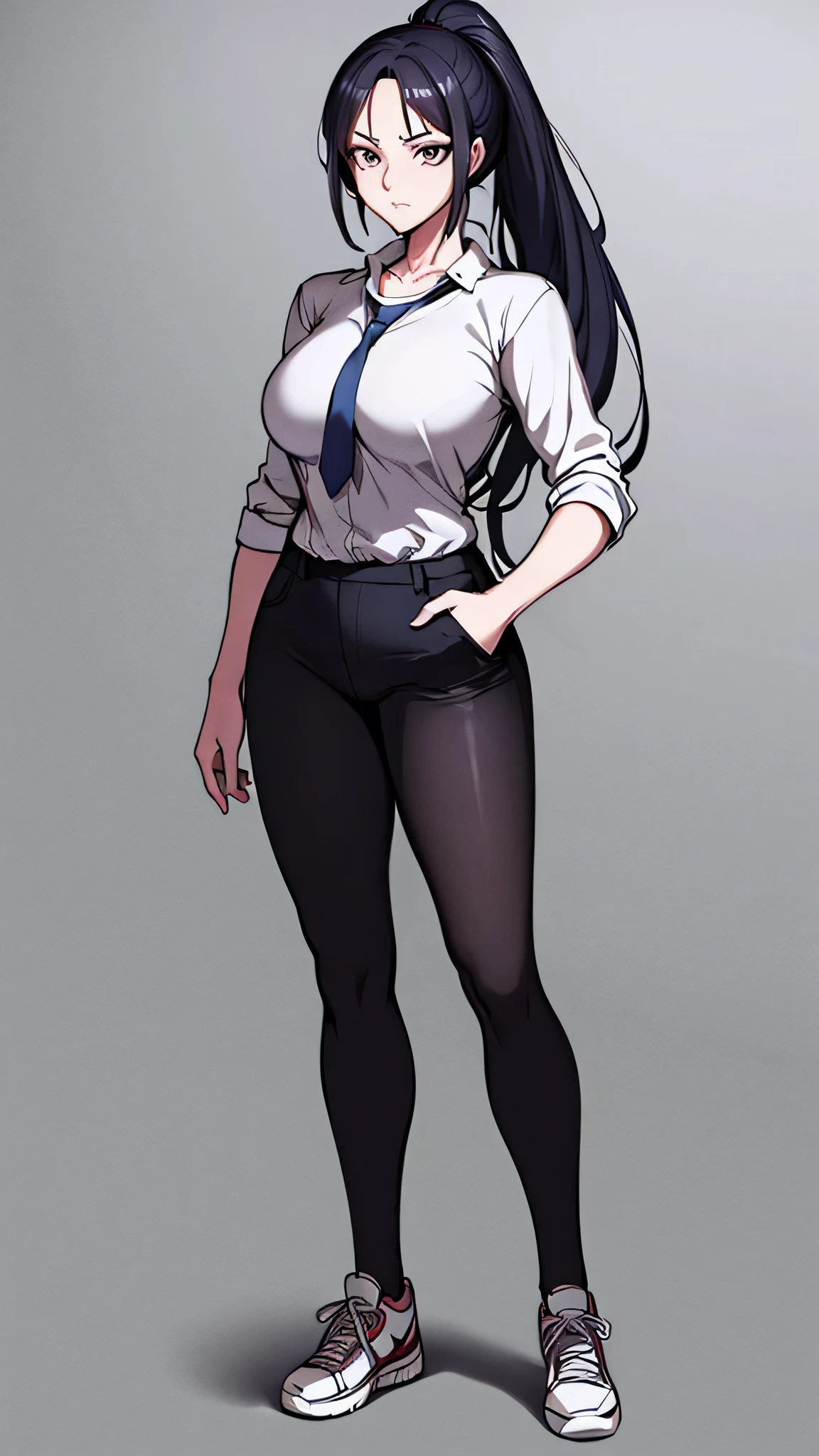 ((ultra high quality)), ((ultra detail)), ((pencil sketch)), anime girl with ponytail and tie in a , anime moe artstyle, as an anime character, wearing , wearing a , nagatoro, an anime girl, cel shaded anime, wearing japanese , hinata hyuga, cel - shaded art style, beautiful anime high school girl, female anime character, anime character, in an anime style, ((full body)), converse, converse high, (big breasts), highly detailed face, cool, mom, tomboy, ((angry eyes)),