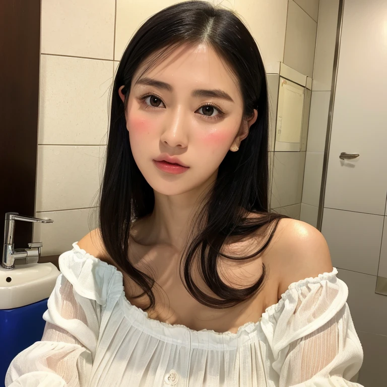 ,(tareme:1.4),gigantic breasts,(beautiful japanese woman:1.3),pointy nose,straight hair,sweaty,look at viewer,off-the -shoulder,blouse,shiny skin,cleavage,fellatio gesture,at restroom stall,27 years old