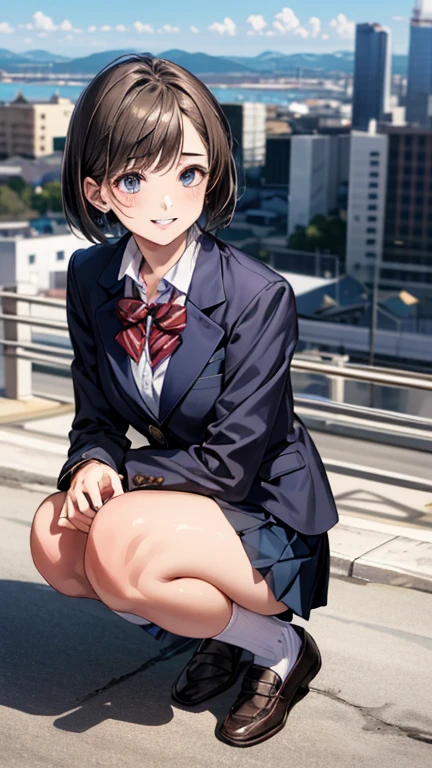 (masterpiece:1.3, top-quality, ultra high res, ultra detailed), (realistic, photorealistic:1.4), beautiful illustration, perfect lighting, colorful, depth of fields,
beautiful detailed hair, beautiful detailed face, beautiful detailed eyes, beautiful clavicle, beautiful body, beautiful chest, beautiful thigh, beautiful legs, beautiful fingers,
looking at viewer, front view:0.6, 1 girl, japanese, high school girl, perfect face, (perfect anatomy, anatomically correct), cute and symmetrical face, babyface, , shiny skin,
(short hair:1.2, bob cut:1.2, light brown hair), asymmetrical bangs, blue eyes, long eye lasher, (medium breasts), slender,
((navy blazer, collared white shirt, navt pleated skirt)), dark red bow tie, piercing,
(beautiful scenery), evening, (city, cityscape in the distance), squatting, fold arms, (happy smile, parted lips),