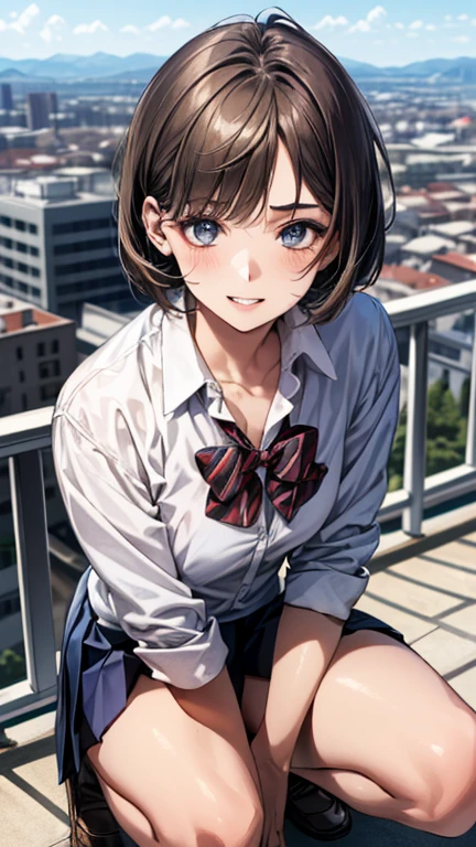 (masterpiece:1.3, top-quality, ultra high res, ultra detailed), (realistic, photorealistic:1.4), beautiful illustration, perfect lighting, colorful, depth of fields,
beautiful detailed hair, beautiful detailed face, beautiful detailed eyes, beautiful clavicle, beautiful body, beautiful chest, beautiful thigh, beautiful legs, beautiful fingers,
looking at viewer, front view:0.6, 1 girl, japanese, high school girl, perfect face, (perfect anatomy, anatomically correct), cute and symmetrical face, babyface, , shiny skin,
(short hair:1.2, bob cut:1.2, light brown hair), asymmetrical bangs, blue eyes, long eye lasher, (medium breasts), slender,
((navy blazer, collared white shirt, navt pleated skirt)), dark red bow tie, piercing,
(beautiful scenery), evening, (city, cityscape in the distance), squatting, fold arms, (happy smile, parted lips),