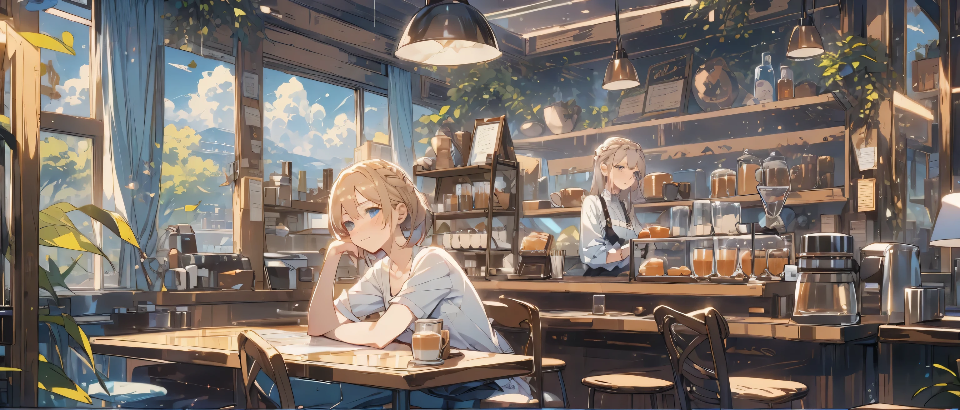 (masterpiece:1.2), best quality,cozy animation scenes, scenery, cityscape, city, window, cloud, sky, food, indoors, computer, book, pillow, chair, cake, monitor, cup, plate, skyline, lying, Imagine yourself stepping into a cozy cafe, where the scent of freshly brewed coffee wafts through the air, and soft jazz music plays in the background. Describe the warm ambiance of this inviting space, where comfortable armchairs beckon you to sink in and unwind with a good book or catch up with a friend over a steaming cup of your favorite brew. the soothing atmosphere, the friendly chatter of patrons, and the gentle glow of warm lighting that envelops you in a sense of tranquility and comfort. A person is brewing coffee meanwhile the other sitting in the table. 2girl, adult, medium size hair, light blue eyes, black shirt, black jeans, beige apron, working, bartender, waitress, making coffee, cafe bar, concentration, looking away, happy, cozy, chill, illustration, masterpiece, ghibli, perfection, high quality, converse shoes, behind the bar counter, doing her job, customers, sunny, black cross earrings, anime lofi, warm, gold temperature,  ((Best Quality)), ((Masterpiece)), (8K, masterpiece, Highest Quality, Best Quality, Official art, Breathtaking beauty and aesthetics, A highly detailed), ((Best Quality)), ((Masterpiece)), ((Realistic)) 19 year old, redhead girl, armpit lenght hair, relaxed happy face ((slender)) (busty), (((jeans and pullover))) (bun hairstyle:1.5),body shape, detailed eyes and face,long eyelashes, pale skin,(intricate-detail:1.2),(​masterpiece, :1.3) ,(top-quality:1.4), armpit lenght hair, relaxed happy face ((slender)) (busty), ((( White bodycon Dress))), (intricate-detail:1.2),(​masterpiece, :1.3) ,(top-quality:1.4), (A high resolution:1.2), A high resolution, (A detailed eye