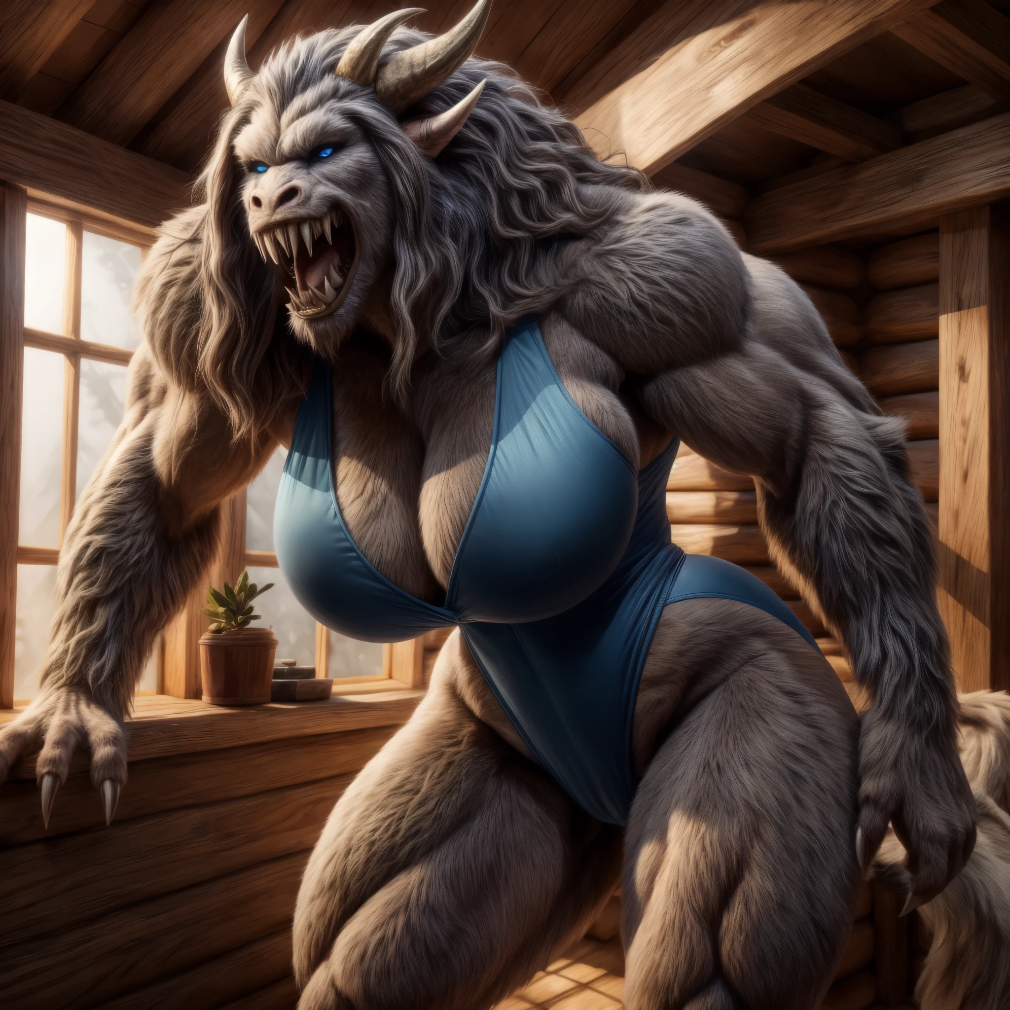 "(best quality, highres, realistic:1.37), photorealistic portrait, solo, woman transformed into a yeti monster, highleg leotard (thong leotard), large busty breasts, super muscular body, curvy figure, broad hips, fur covering the body, long flowing hair, sharp claws, intimidating sharp teeth, strong jaws, imposing horns, piercing blue eyes, setting - cabin bedroom, dynamic lighting,"