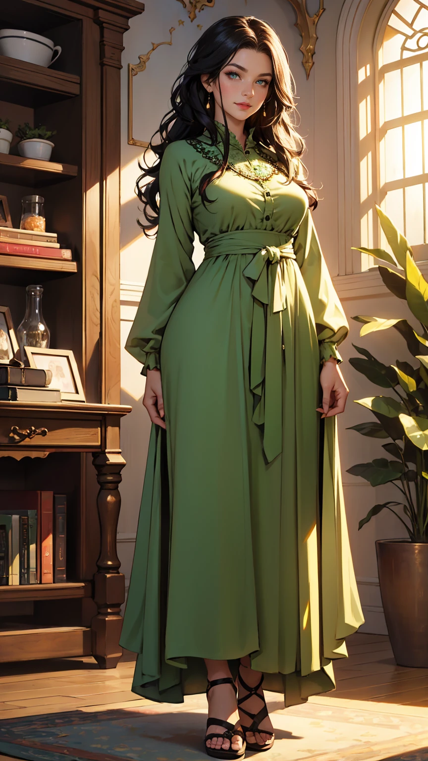 (masterpiece, best quality, highres, ultra-detailed),(beautiful and aesthetic:1.2), 1woman, adult woman, black wavy hair, green eyes, languid, delicate face,(slight smile:0.8), detailed eyes and face, perfect body, full body, red lips, beautiful make-up, wearing Muumuu Dress, indoors, soft lighting, full body, intricate details, cozy atmosphere