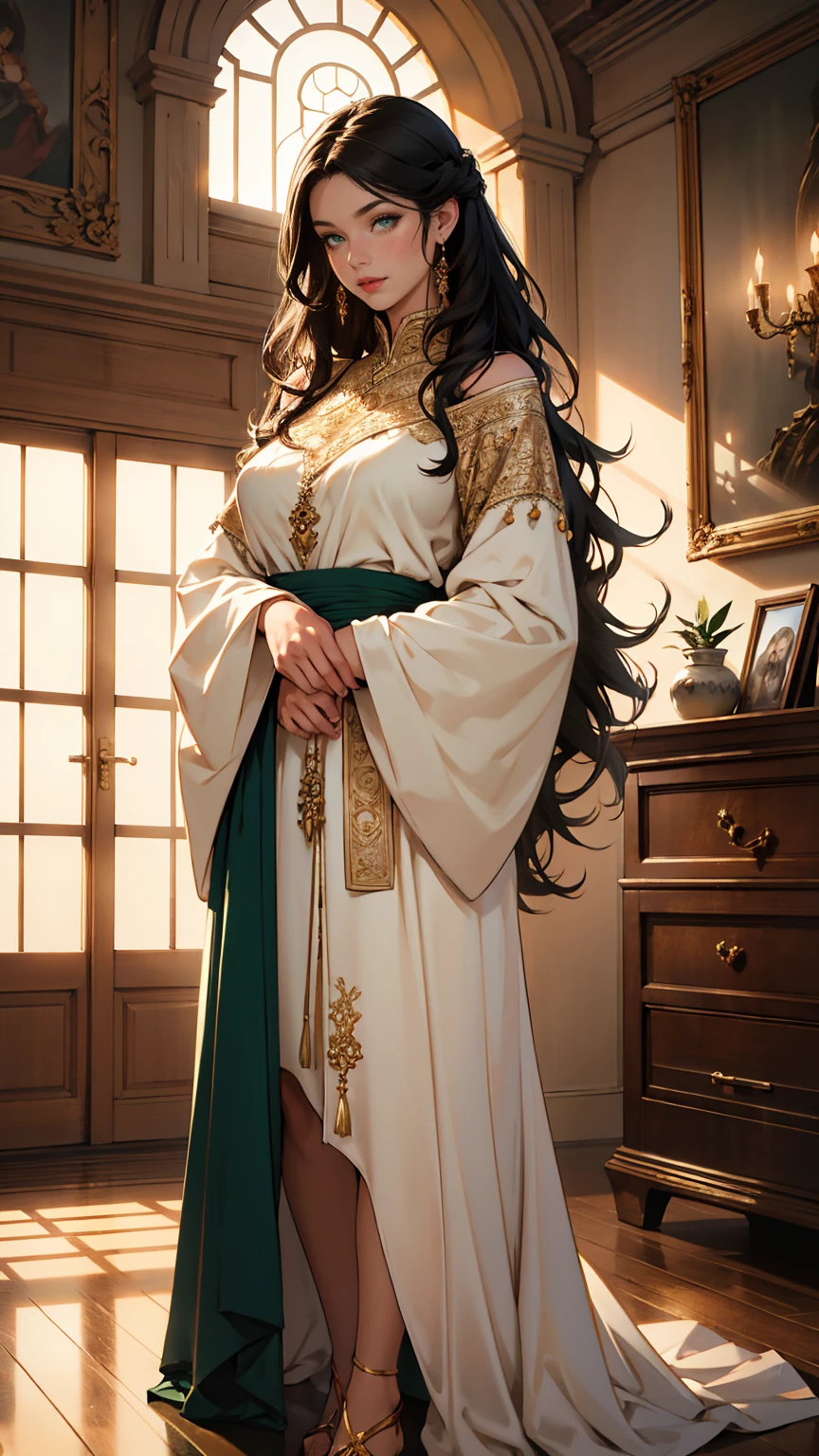 (masterpiece, best quality, highres, ultra-detailed),(beautiful and aesthetic:1.2), 1woman, adult woman, black wavy hair, green eyes, languid, delicate face,(slight smile:0.8), detailed eyes and face, perfect body, full body, red lips, beautiful make-up, wearing Muumuu Dress, indoors, soft lighting, full body, intricate details, cozy atmosphere