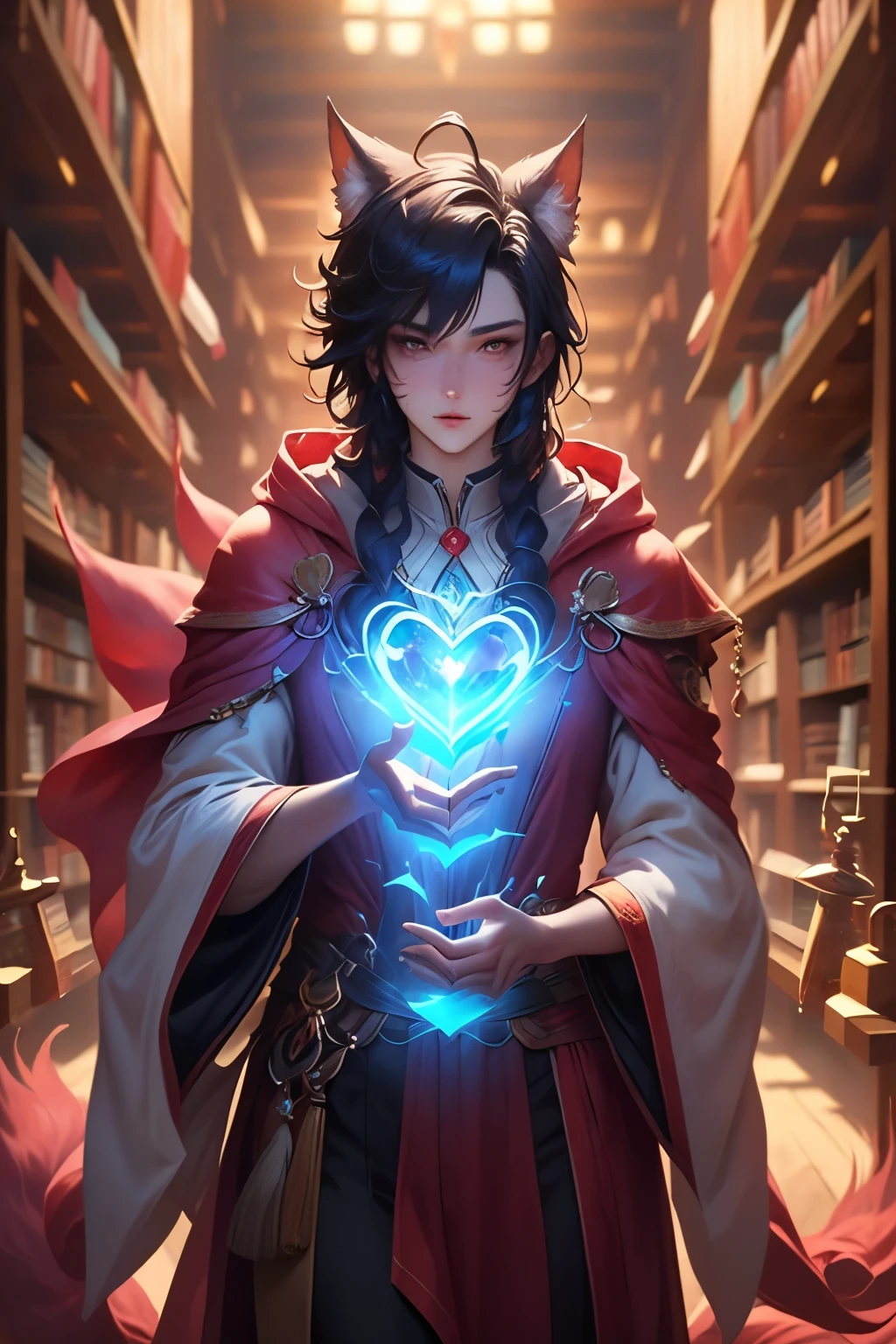 ((best quality)), ((masterpiece)), (detailed), Perfect Face Love Wizard」This is an avatar of。A young and attractive character、He wears modern wizard robes and a magic wand with a heart-shaped crystal.。The background depicts a mysterious library filled with ancient love spells and romantic potions.。