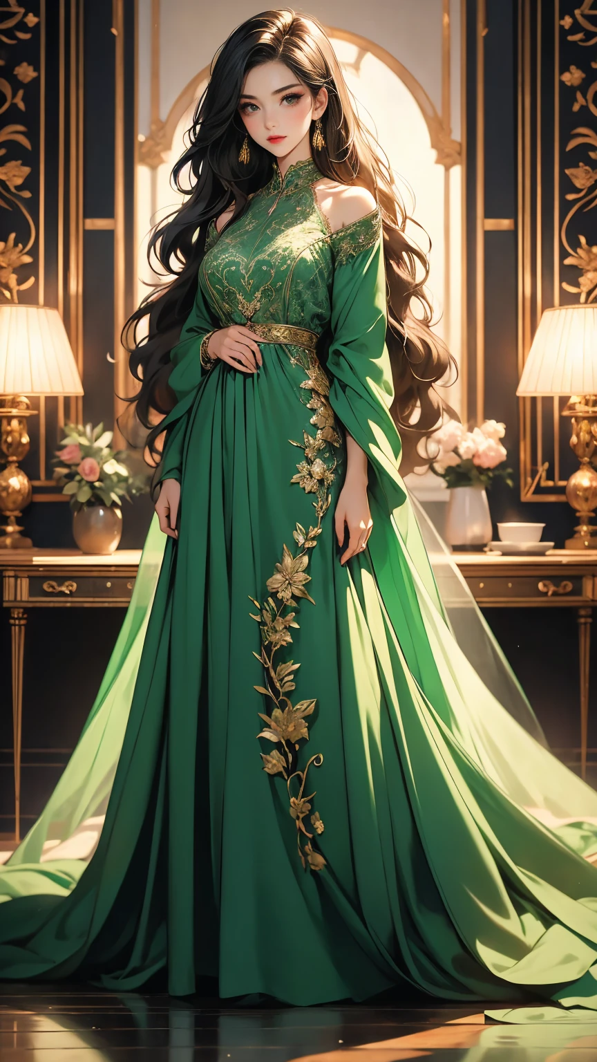 (masterpiece, best quality, highres, ultra-detailed),(beautiful and aesthetic:1.2), 1woman, adult woman, black wavy hair, green eyes, languid, delicate face,(slight smile:0.8), detailed eyes and face, perfect body, full body, red lips, beautiful make-up, wearing Muumuu Dress, indoors, soft lighting, full body, intricate details, cozy atmosphere