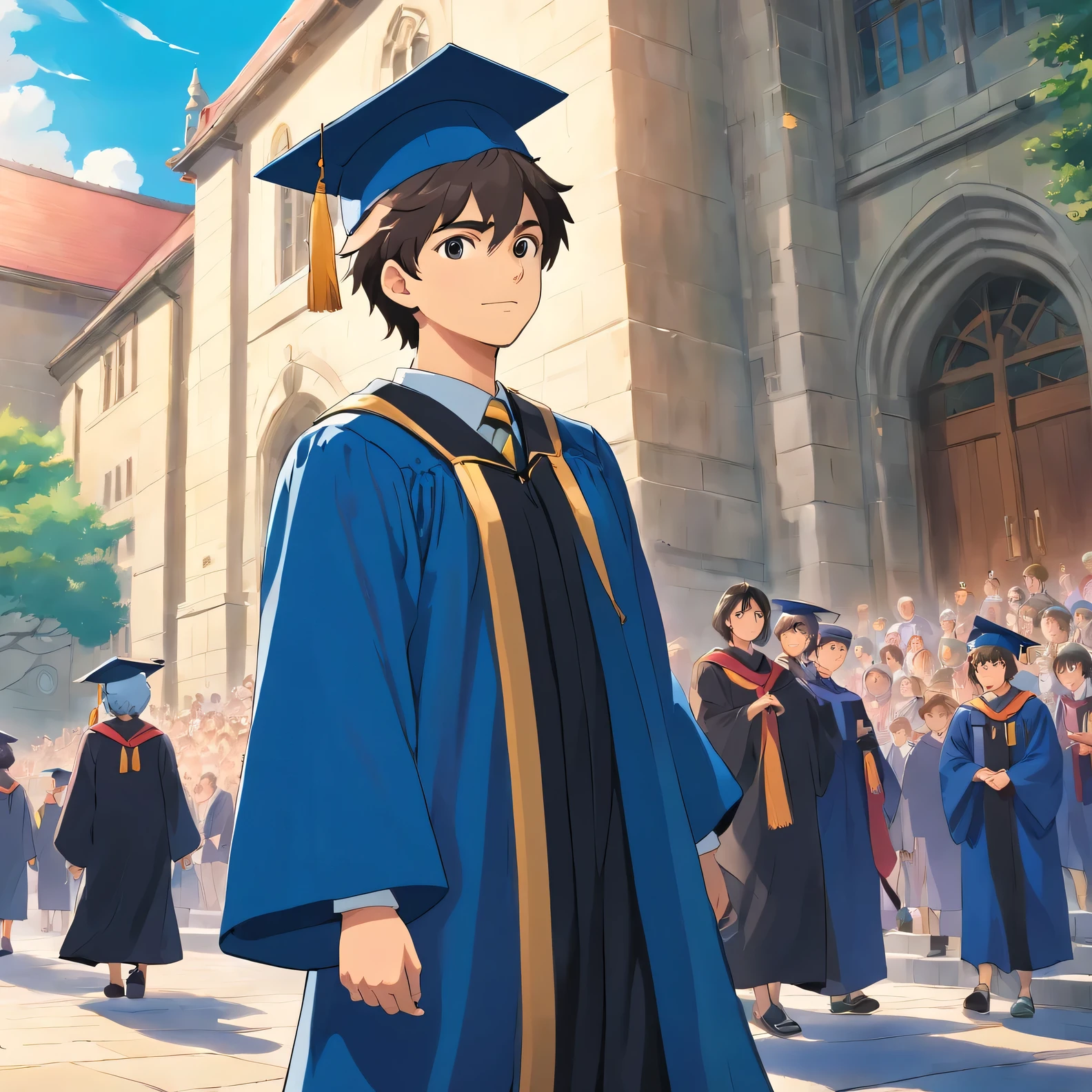 a handsome male wearing graduation gown, blue and black gown, university graduation, toga hat, graduation ceremony, university building at background, people at background, blur background, dynamic lighting, bokeh, wide angle camera