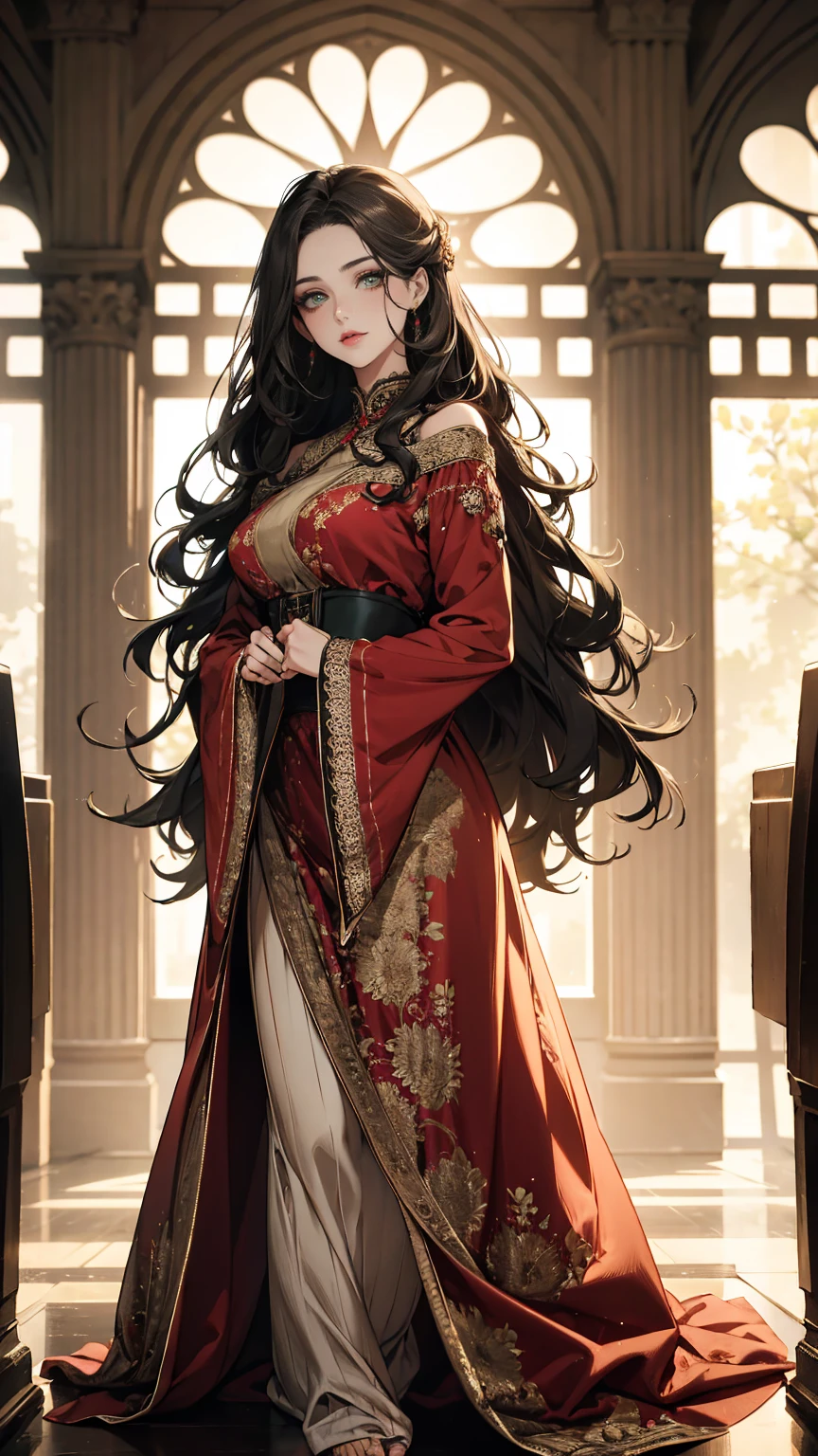 (masterpiece, best quality, highres, ultra-detailed),(beautiful and aesthetic:1.2), 1woman, adult woman, black wavy hair, green eyes, languid, delicate face,(slight smile:0.8), detailed eyes and face, perfect body, full body, red lips, beautiful make-up, wearing Muumuu Dress, indoors, soft lighting, full body, intricate details, cozy atmosphere