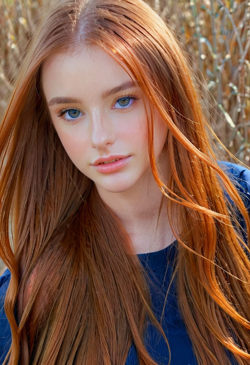 solo, very detailed, detailed face, very long hair, picture of a beautiful young woman, dasha_taran, sfw, ((natural orange hair)), beautiful natural blue eyes, High Definition RAW Photography, 16k photography, (full body), standing, delicate facial features, pretty face, detailed full body, visible from head to feet, perfect body