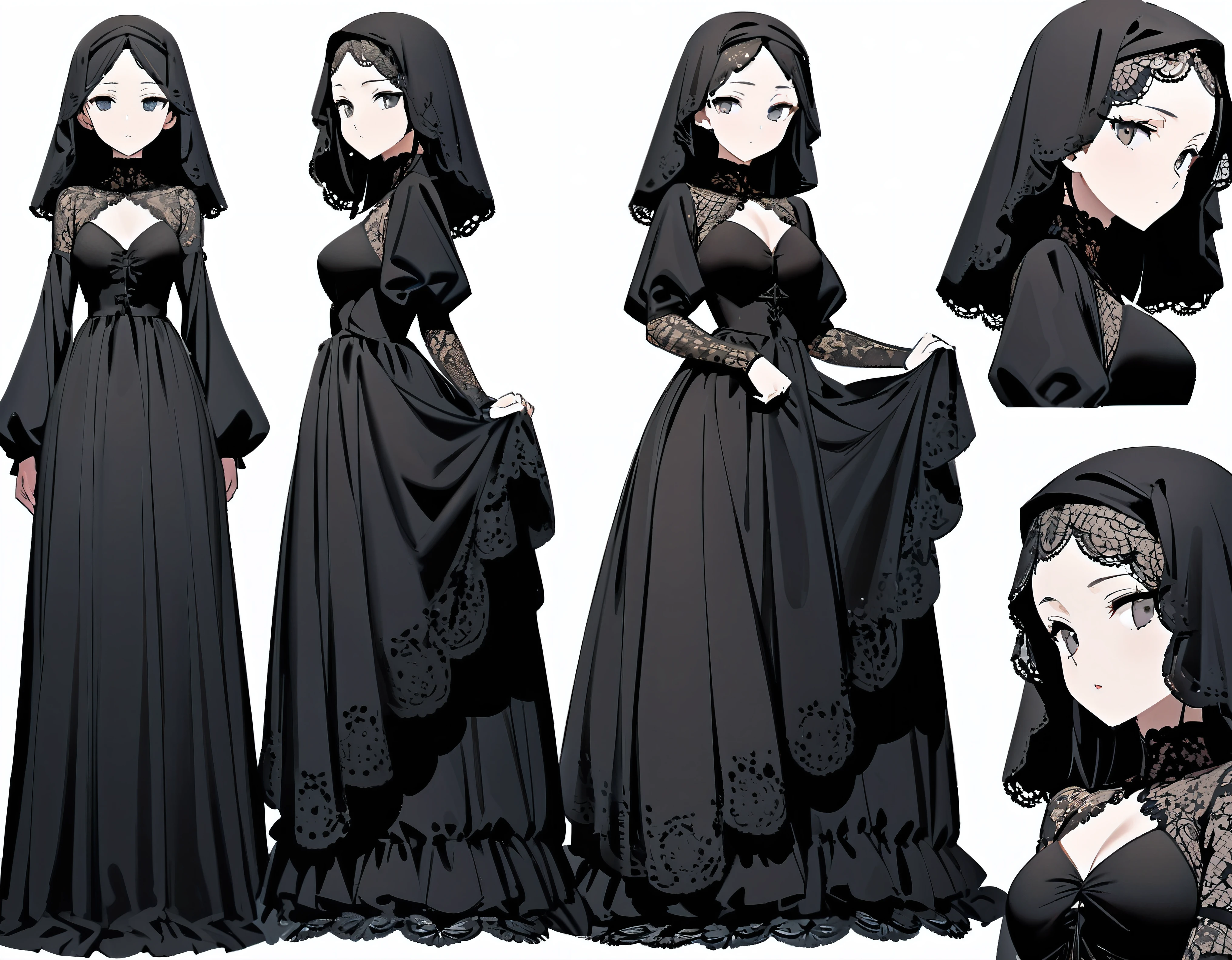 (Dramatic angle),(multiple views),1 girl, simple background, (very young was dressed in a (very large black silk dress and lace black veil), with a black veil over her head, she have a beautiful appearance, her slender and beautiful figure), best clothes wrinkle, (smille to viewer),