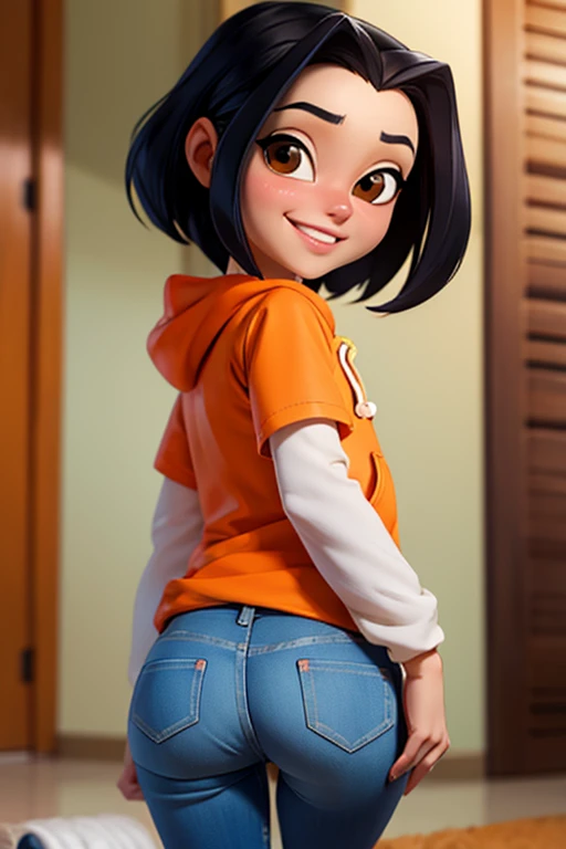 jadechan, short black hair, brown eyes, orange hoodie, short sleeves, white long sleeves, blue jeans pants, looking at viewer, shy, masterpiece, full length, ass, tilted, cum on clothes, cum on ass, cum on hair, cum on face, happy smiling 