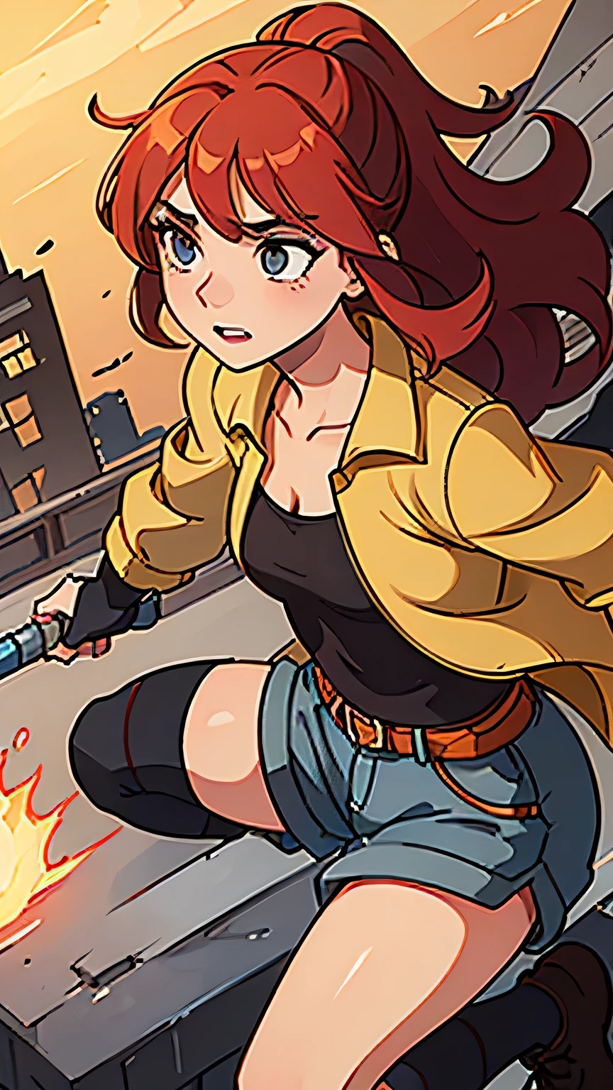 Generate an image of a 22-year-old woman with fiery red hair, clad in a long jacket extending to her ankles, paired with shorts and gloves, and wearing sturdy shoes. She stands confidently, radiating an aura of action and purpose. A headset rests casually on one shoulder, indicating her readiness for the task at hand. Her eyes gleam with determination, while a slight smirk plays on her lips, hinting at her adventurous spirit. The woman's posture exudes strength and agility, with one hand placed on her hip and the other poised for action. The long jacket should be sleek and functional, adding to her dynamic appearance. The background should complement the action-packed theme, perhaps depicting a bustling cityscape or an outdoor adventure scene. The image should showcase the woman's full figure, with meticulous attention to detail in her attire and expression, and high-quality rendering to capture the intensity and energy of the moment.