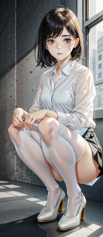 1 flight attendant, solo, , White high heels, White transparent skinny shirt, white mini-skirt, tmasterpiece, Best quality at best, realisticlying, ultra - detailed, (shiny skins, perspired:1.4), absurderes, looking at viewert, with short black hair, with brown eye,Slender,Dynamic light and shadow,A high resolution,Sharp focus,depth of fields,The eyes are delicate,Sharp pupils,pupil realistic,(Rounded chest),(Long legs:1.4),Planes，squatting pose，black pantyhoses，cleanness，stocklinglackstockings，cropped shoulders，Toes，