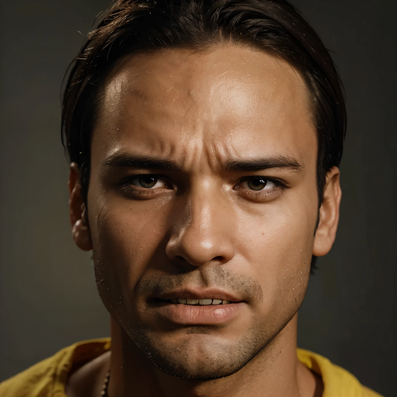 Create a 3d ultra high resolution image of a man with a sad expression on his face with yellow teeth