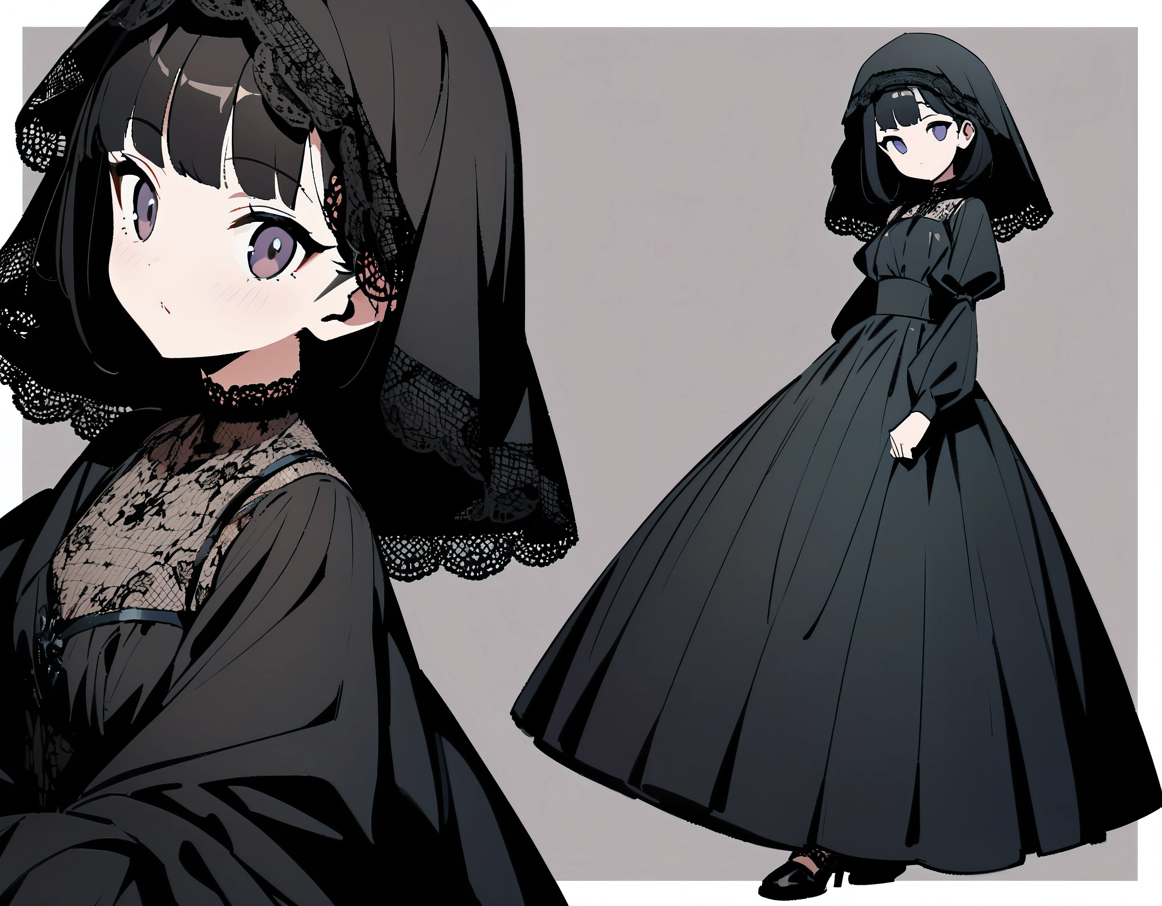 (Dramatic angle),(multiple views),1 little girl, simple background, (very young little girl was dressed in a (very large black silk dress and lace black veil), with a black veil over her head, she have a beautiful appearance, her slender and beautiful figure), best clothes wrinkle, (smille to viewer), 