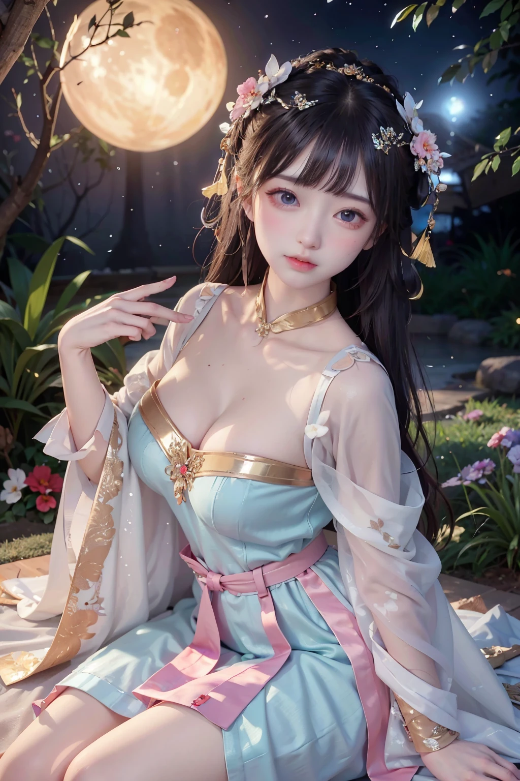 Western Princess、,cute、Hanfu dynasty open V-chested clothes royal, All Photos, Wet body in thin silk fabric, Thin silk lace , (Huge ,Cleavage),white、pink、green、Highest quality,masterpiece,Ultra-high resolution,(Realism:1.4),RAW Photos,(Real skin texture:1.3)、(Film Grain:1.3),(Selfie angle),1 Princess、Huge breasted girl,Beautiful eyes and facial details,masterpiece,Best Quality、Exposing thick thighs and large breasts,Emphasizes chest exposure, Detailed long hair,Looking down from above, facing the camera,Short Dress Princess Eyes,Super big eyes,Detailed face,Sparkling Eyes, pink dresses (garden,Palace of the Moon,)
