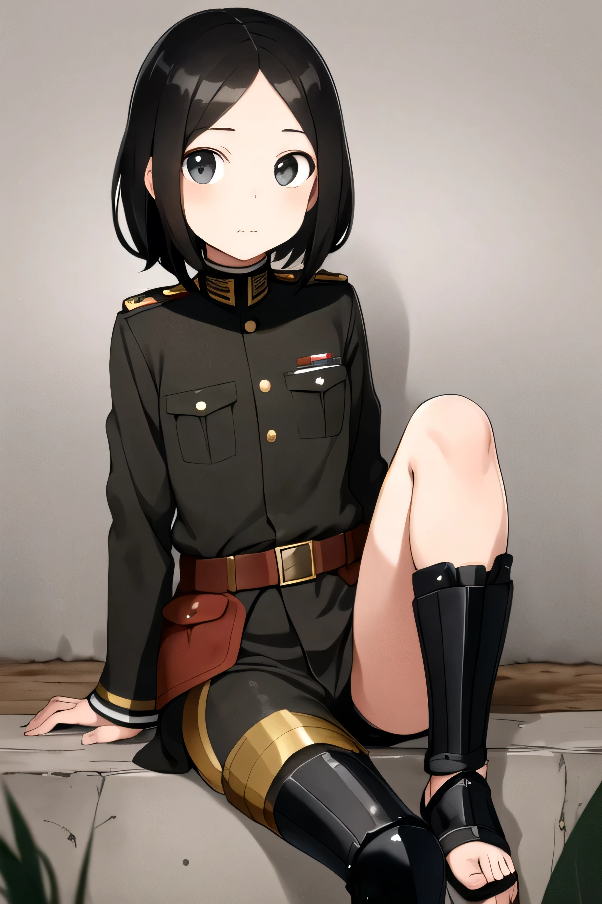 Girl , with world war one helmet, wearing sandals, black hair, black uniform and Armor on knee and ellbow, standig right up