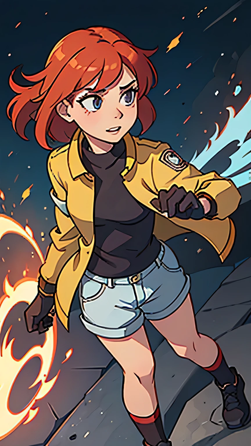 Generate an image of a 22-year-old woman with fiery red hair, clad in a long jacket extending to her ankles, paired with shorts and gloves, and wearing sturdy shoes. She stands confidently, radiating an aura of action and purpose. A headset rests casually on one shoulder, indicating her readiness for the task at hand. Her eyes gleam with determination, while a slight smirk plays on her lips, hinting at her adventurous spirit. The woman's posture exudes strength and agility, with one hand placed on her hip and the other poised for action. The long jacket should be sleek and functional, adding to her dynamic appearance. The background should complement the action-packed theme, perhaps depicting a bustling cityscape or an outdoor adventure scene. The image should showcase the woman's full figure, with meticulous attention to detail in her attire and expression, and high-quality rendering to capture the intensity and energy of the moment.