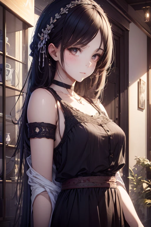 1girl, Wear casual clothes, accessories, choker, armband, blush, coffee shop, beautiful detail eyes, (full shot), (cinematic lighting:1.2), (detailed light:1.1), (stylized:1.3), (Highly detailed), (high resolution), (Best quality), (masterpiece)