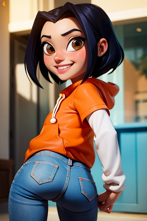 jadechan, short black hair, brown eyes, orange hoodie, short sleeves, white long sleeves, blue jeans pants, looking at viewer, shy, masterpiece, full length, ass, tilted, cum on pants, cum on hair, cum on face, happy smiling 