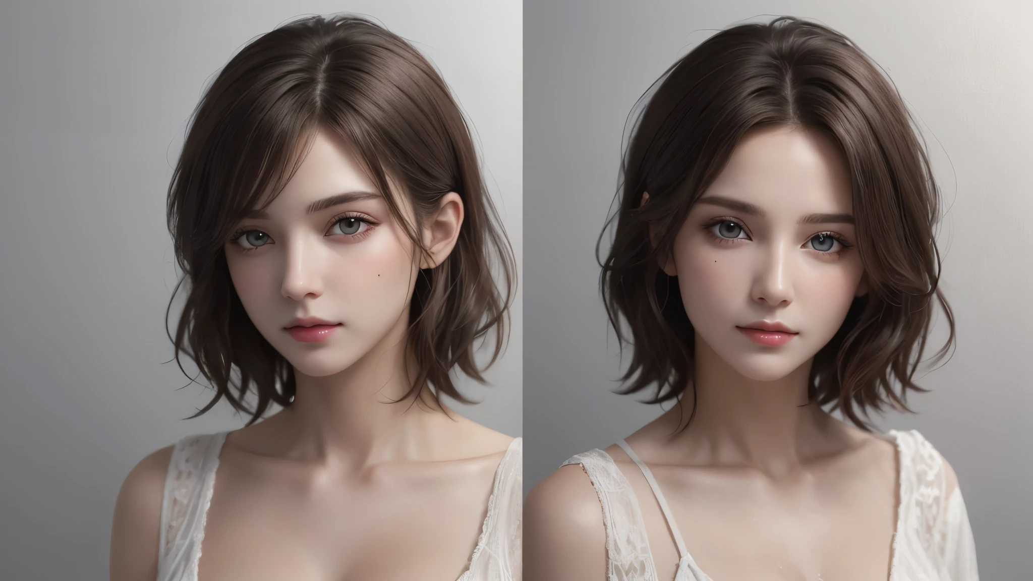 cinematic lighting、perfect、soft light、High resolution skin:1.2、realistic skin texture、30 year old mature woman、small face、no makeup、Bust B Cup、、Detailed beautiful brown eyes、wet hair、short hair、dark brown hair、cool beauty、gray background