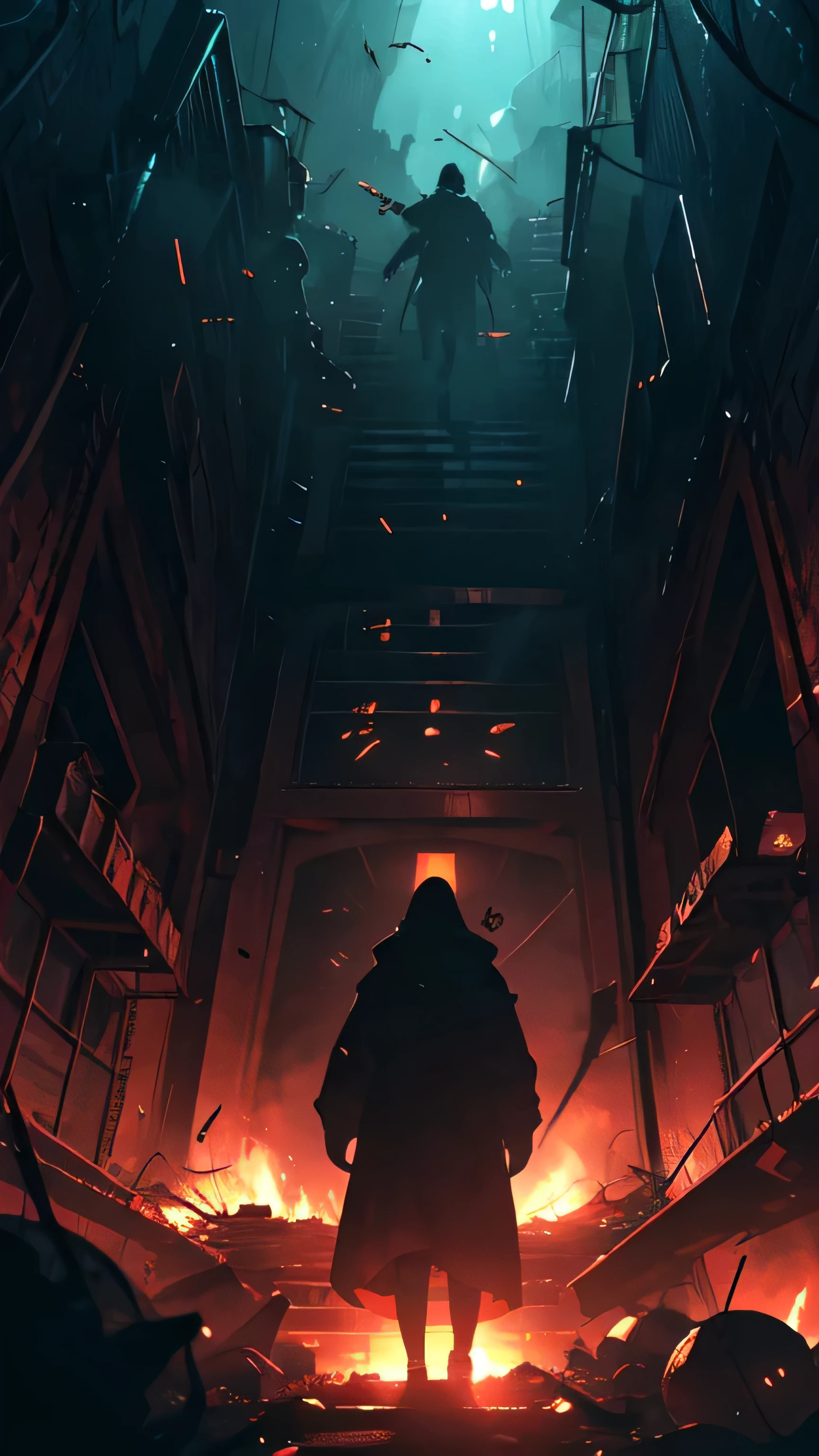 A person is riding an elevator descending to Hell. The person's facial expressions are intense and full of fear. The elevator is made of impenetrable glass, allowing a clear view of the terrifying surroundings. The walls of the elevator are adorned with intricate and ancient symbols, representing the journey to the underworld. The atmosphere is suffocating and filled with ominous red lights, symbolizing the impending doom. The person's clothing is tattered and windswept, giving a sense of desperation. The elevator is moving at an alarming speed, making the descent feel unstoppable. As the person descends further, the temperature rises dramatically, and the air becomes heavy with sulfur and darkness. The person's eyes are wide open with terror, and their hands grip the railing tightly, showing their struggle to maintain composure. The artwork should have the best quality, showcasing ultra-detailed and realistic visuals. The lighting is eerie, with dark shadows and flickering lights adding to the sense of impending doom. The color palette should consist of deep reds, fiery oranges, and smoky grays, creating a macabre and menacing atmosphere.
