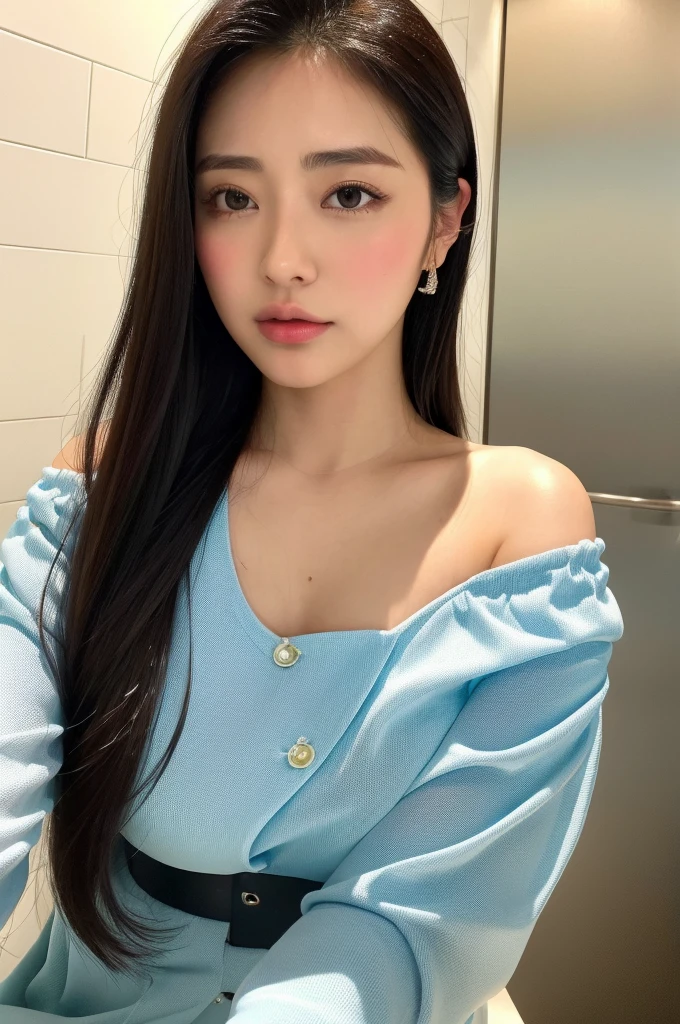 ,(tareme:1.4),kind eyes,huge breasts,(beautiful japanese woman:1.3),,straight hair,sweaty,look at viewer,off-the -shoulder,blouse,shiny skin,cleavage,fellatio gesture,at restroom stall,27 years old,