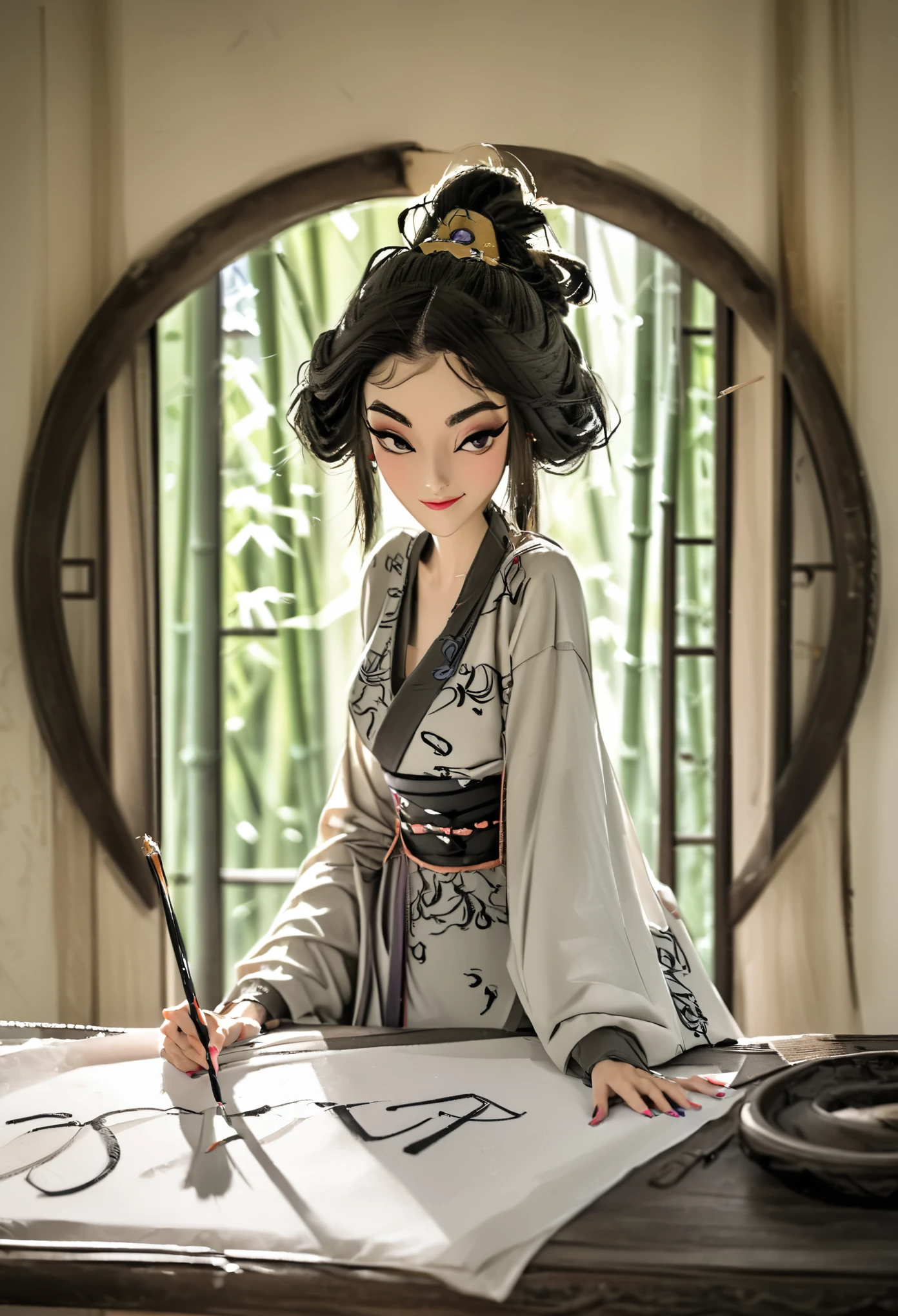 Cartoon Chinese style,a woman dressed in traditional attire, sitting in front of a table writing. Her hair is styled into a high bun adorned with ornaments. She wears a gray outfit with a black belt around her waist. Her expression is focused as she holds a brush, painting on a white sheet of paper. The background features a circular door or window, through which a bamboo forest outside can be seen. The entire image conveys a sense of tranquility and elegance