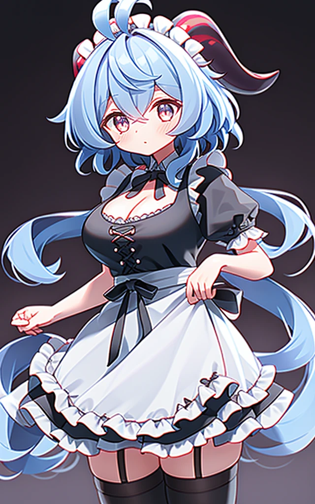 ((8K,masterpiece, best quality)),
1girl, solo, ganyu (genshin impact), breasts, horns, maid, long hair, thighhighs, blue hair, ahoge, looking at viewer, white thighhighs, holding, blush, maid headdress, apron, alternate costume, frills, cleavage, enmaided, bangs, dress, short sleeves, zettai ryouiki, black dress, purple eyes, medium breasts, goat horns, frilled dress, very long hair, standing, puffy sleeves, closed mouth, maid apron, sidelocks, white apron, cowboy shot, puffy short sleeves, simple background, red eyes, frilled apron, hair between eyes,