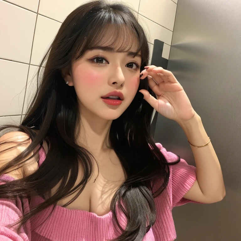 ,(tareme:1.4),kind eyes,huge breasts,(beautiful japanese woman:1.3),,straight hair,sweaty,look at viewer,off-the -shoulder,blouse,shiny skin,cleavage,fellatio gesture,at restroom stall,27 years old,