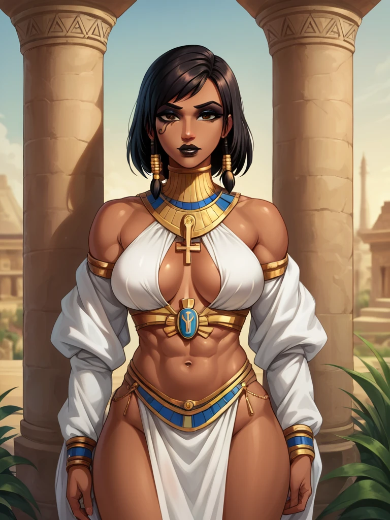 panther girl from ancient Egypt,(((panther woman,anthro furry cute,panther female warrior,panther-girl))),

(((panther ears,panther ears on head,big panther ears))),(large breasts:1.4),(((short hair:1.3,dark hair,black hair,very short hair,voluminous hair,Thick hair,Dense hair,colored inner hair))),(((eyes_blue:1.3))),intricate eyes,beautiful detailed eyes,symmetrical eyes,(((lustrous skin:1.5,tanned skin,bright skin: 1.5,skin tanned,shiny skin,very shiny skin,shiny body))),spider lower abdomen,narrow waist,wide hip,athletic body,inflated legs,thick thighs),(((muscle legs,muscular thighs,muscular girl,feminine and muscular,ABS))),(((detailed face))),beautiful detailed lips,

cute,slutty,sensual,seductive look,(((nsfw))),
 
(((huge cleavage))),revealing clothes,show skin,((colored feathers and leaves.Traces of tribal paint on the skin)),(barefoot),tribal,((skimpy armor,thin armor,more tribal armor)),metal armor,((loincloth,wet clothes,intricate outfit)),(cloak:1.5),

dynamic pose,looking at viewer,angry,centered,scale to fit dimensions,Rule of thirds,

outdoors,(egyptian palace,egyptian palace background,pyramids in the background),scenery,(oasis,oasis background),extremely scenery,(puddles everywhere,moss,moss on the background),clouds,Egypt style,Egypt castle,lily pads,palms,reeds,(sunset, golden hour),

(Glossy Egyptian ornaments),highres,sharp focus,(ultra detailed,extremely detailed),(photorealistic artwork:1.37),(extremely detailed CG unity 8k wallpaper),(((vibrant colors,vibrant theme))),(intricate),(masterpiece),(best quality),artistic photography,(photography taken by sldr),(intricate background),perfect rendered face,perfect face details,realistic face,photo realistic,((intricate detail)),(((realism))),
