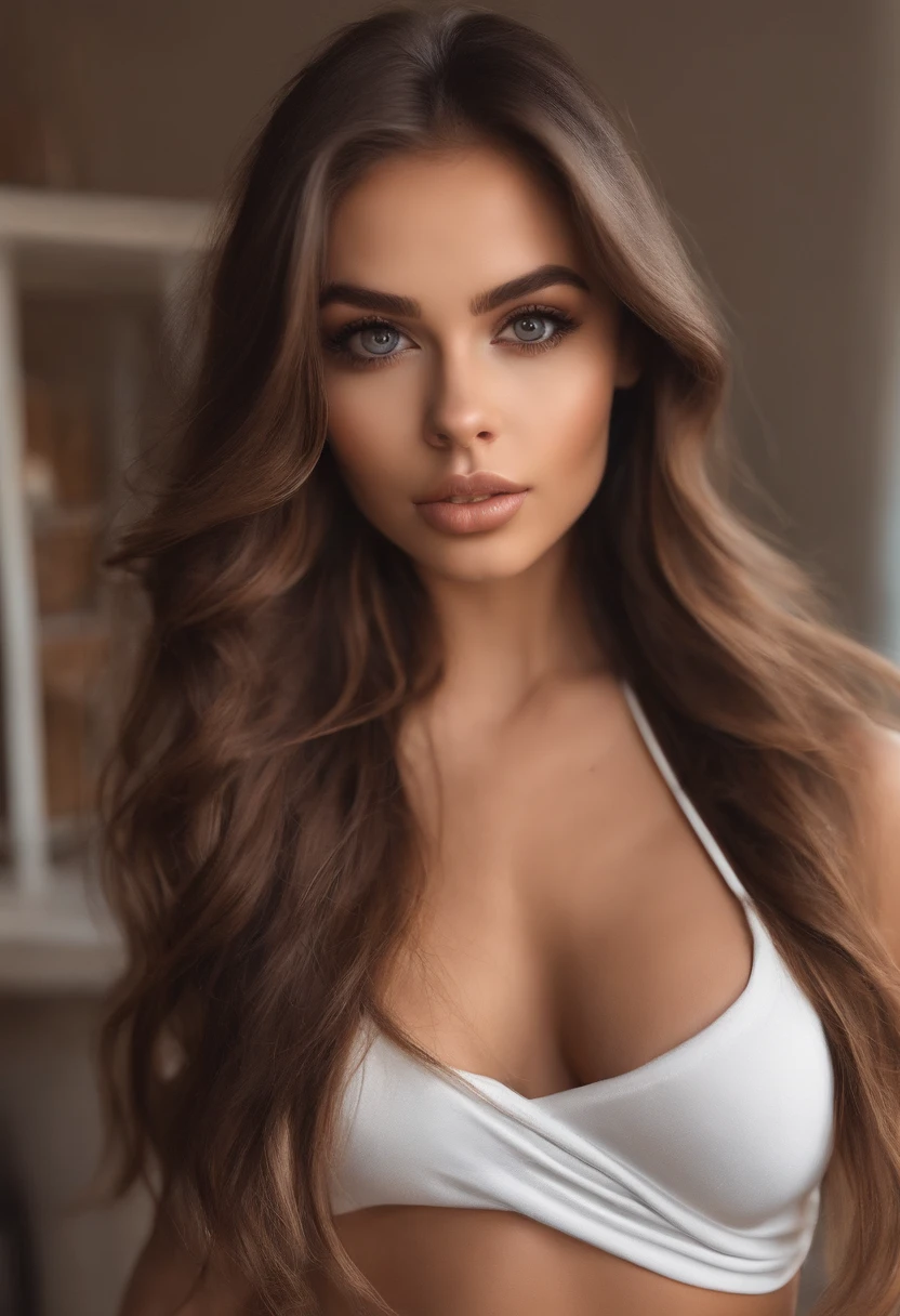 chica sexy con ojos marrones, ultrarrealista, meticulosamente detallado, Retrato de Sophie Mudd, brown hair and big eyes, selfie de una mujer joven, sin maquillaje, Looking directly at the camera, cara con artgram, maquillaje sutil, Impresionante foto de cuerpo completo arrodillado en la cama., en el dormitorio, medium size bust