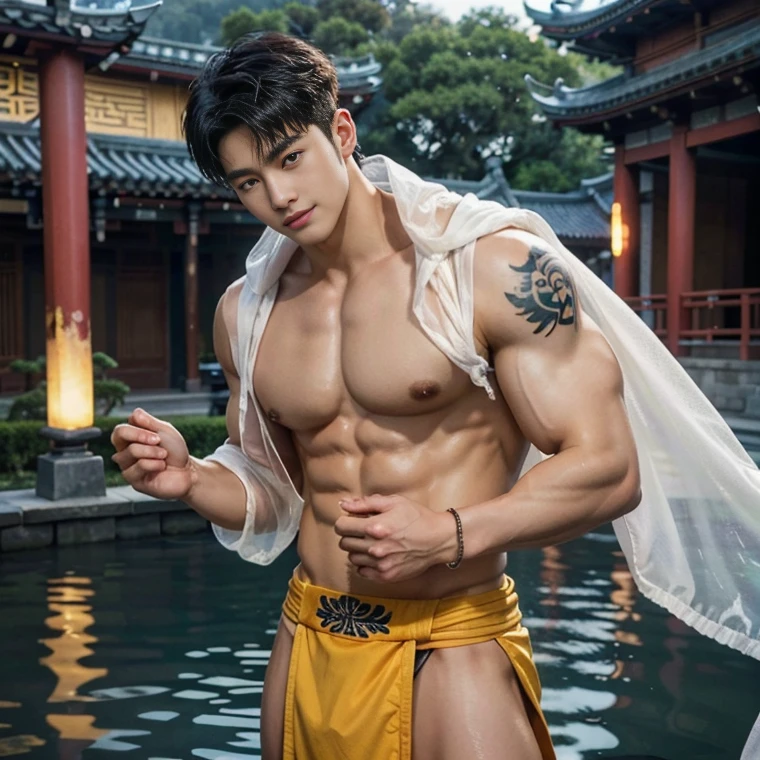 2 Handsome chinese guy kissing, smilling at each other, bare chest , strong sport muscle body, wet body, water drops on the skin, show the abs, 20 years old,hug, cuddle, touching lips, skin ship, romantic,  Asian, chinese hansome actor, kpop idol, handsome male model,manly, master work, best picture quality, higher quality, high detail, super high resolution, 8k resolution, perfect clear sun light,perfect eyes, perfect skin, manly jawline, manly chin, perfect hands, big  chest , full body shoots,muscles,  bare chest, big juicy butts, tattoos chest, tattoo hands, tattoo legs, tattoo back, tattoo arms,earings, ancient pendents,  braceles, glowing eyes, short mess curly hair, hair details, detailed background , open Hanfu transparent (see throught) ,super skiny  chinese loincloth, big bulge, wet cloth, golden and silver detail in cloth, detailed perfect abs, Chinese garden background, detailed background, Chinese kung fu,skinny anciennt chinese costumes, spinning floating particles, chinese temple in background,