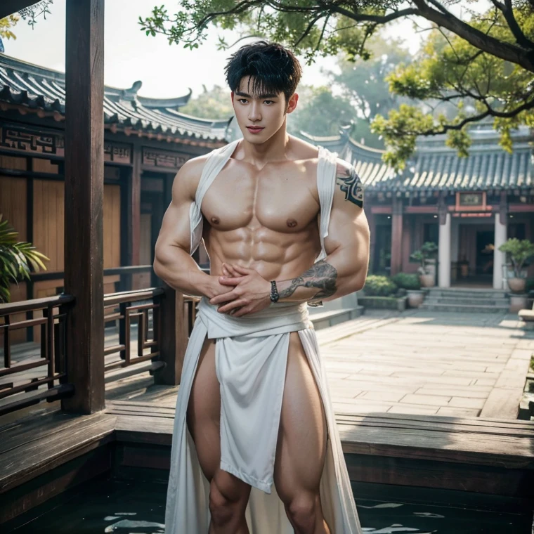 2 Handsome chinese guy kissing, smilling at each other, bare chest , strong sport muscle body, wet body, water drops on the skin, show the abs, 20 years old,hug, cuddle, touching lips, skin ship, romantic, Asian, chinese hansome actor, kpop idol, handsome male model,manly, master work, best picture quality, higher quality, high detail, super high resolution, 8k resolution, perfect clear sun light,perfect eyes, perfect skin, manly jawline, manly chin, perfect hands, big chest , full body shoots,muscles, bare chest, big juicy s, tattoos chest, tattoo hands, tattoo legs, tattoo back, tattoo arms,earings, ancient pendents, braceles, glowing eyes, short mess curly hair, hair details, detailed background , open Hanfu transparent (see throught) ,super skiny chinese loincloth, big bulge, wet cloth, golden and silver detail in cloth, detailed perfect abs, Chinese garden background, detailed background, Chinese kung fu,skinny anciennt chinese costumes, spinning floating particles, chinese temple in background,